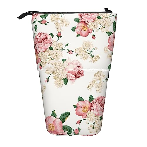 OHWODA Niedlicher Mops-bedruckter einziehbarer Bleistifttasche, vertikales Federmäppchen, tragbare Schreibwaren-Tasche, Schreibtisch-Organizer, Rosa Rose Blume mit Blättern, Einheitsgröße, Münzbeutel von OHWODA