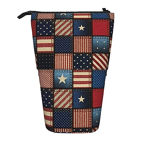 OHWODA Niedliches Haustier-Mops gedruckt einziehbare Bleistifttasche, vertikale Federmäppchen, tragbare Schreibwaren-Tasche, Schreibtisch-Organizer, Amerikanische Flagge Patchwork, Einheitsgröße, von OHWODA