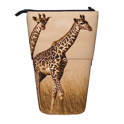 OHWODA Wild Animals Retro Farmhouse Printed Retractable Pencil Bag, Vertical Pencil Case, Portable Stationery Bag, Desk Organizer, Zwei Giraffen auf der Barren, Einheitsgröße, Münzbeutel von OHWODA