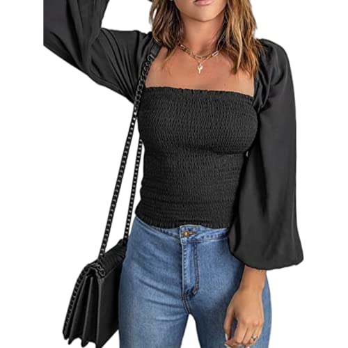 Damen-Bluse Damen-Pullover mit eckigem Ausschnitt Langarm elegant lässig Oberteile Elegante Hemden Damen eckiger Ausschnitt Langarm-Shirt Damen-Bluse eckiger Ausschnitt lässig einfarbig Top-Shirts von OHXSM