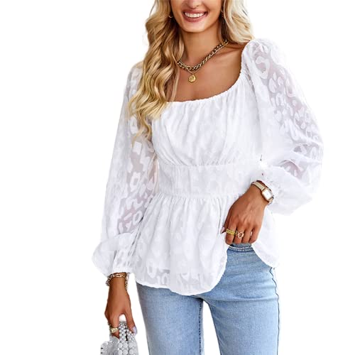 Damen Bluse halbtransparent langärmelig eckiger Ausschnitt Elegantes Oberteil schmale Passform Langarm Herbst einfarbig T-Shirts lässig locker modisch langärmelig eckiger Ausschnitt langes Oberteil von OHXSM