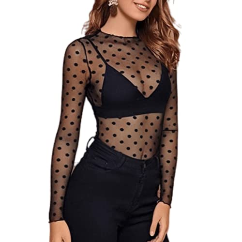 Damen-Langarm-Mesh-Through-Bluse sexy durchsichtiges T-Shirt sexy Spitze durchscheinendes Mesh Langarm Loosefit-Top Polka Dot Tops Damen-O-Neck-Tops Mesh-Langarmshirts Polka Dot Elegante Bluse von OHXSM