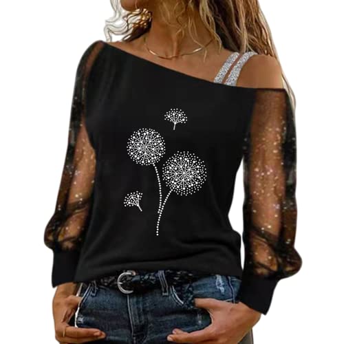 Damen Langarmbluse T-Shirt Sexy durchsichtige Langarmbluse Loosefit Top T-Shirts für Damen Lässige durchsichtige Langarmbluse Diagonalkragen T-Shirts Löwenzahn-Print Basic Pullover Bluse Frauen von OHXSM