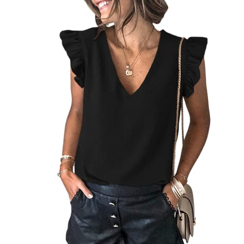 Damen Lose lässige Sommeroberteile T-Shirts Damen lockere Volant-Hemdbluse Hemdbluse lässige Feste Oberteile Pullover Tunika Rüschen festes V-Ausschnitt Pullover lässiges Rüschen-Kurzarm-Oberteil von OHXSM