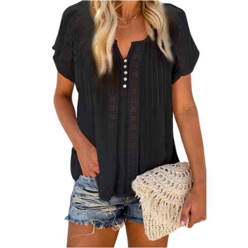 Damen Sommer Elegant V-Ausschnitt Spitze Tunika Tops Lässige lockere Passform Kurzarmhemden Bluse Damen Kurzarm Tunika Tops Hemden Lässige lockere Plissee-Bluse Ausschnitt Top V-Ausschnitt Pullover von OHXSM