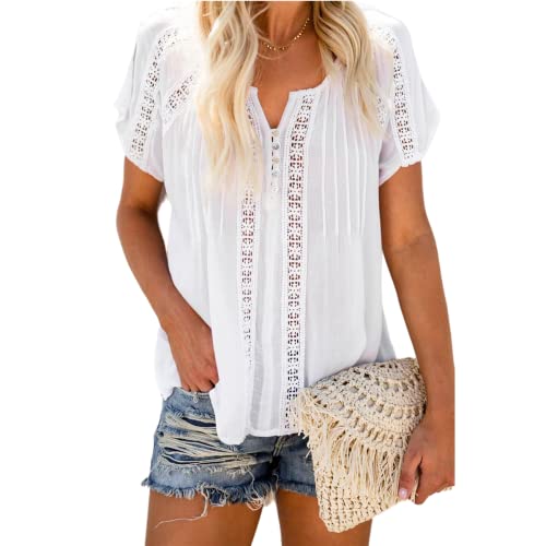 Damen Sommer Elegant V-Ausschnitt Spitze Tunika Tops Lässige lockere Passform Kurzarmhemden Bluse Damen Kurzarm Tunika Tops Hemden Lässige lockere Plissee-Bluse Ausschnitt Top V-Ausschnitt Pullover von OHXSM