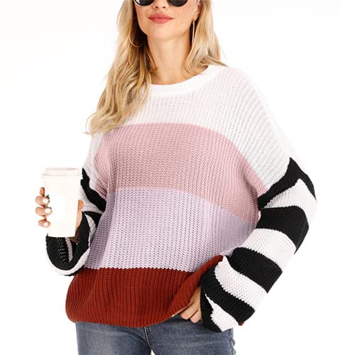 Damen Strickpullover Rundhals Pullover Damen Langarm Pullover Pullover Top Damen Pullover Rundhals Pullover Farbblock Strick Strick Langarm Pullover Tops Lässig Lose T Shirt Sweatshirt von OHXSM