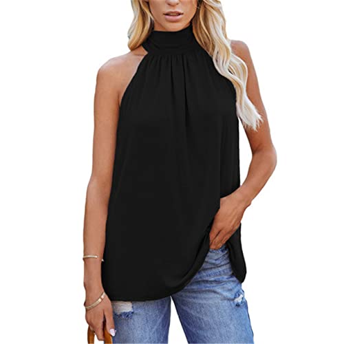 Damen-Trägershirt Sommer ärmelloses Neckholder Tanktop Tanktop Damen-Sommer-Trägertop Elegantes glattes ärmelloses Plissiertes Oberteil T-Shirt Damen-Sommer einfarbig Neckholder-Trägershirt von OHXSM