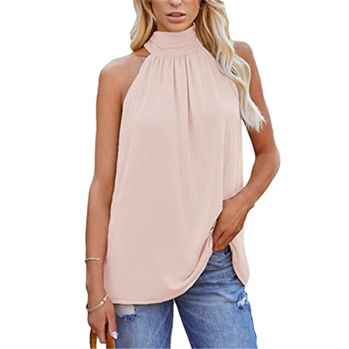 Damen-Trägershirt Sommer ärmelloses Neckholder Tanktop Tanktop Damen-Sommer-Trägertop Elegantes glattes ärmelloses Plissiertes Oberteil T-Shirt Damen-Sommer einfarbig Neckholder-Trägershirt von OHXSM