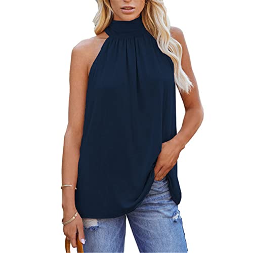 Damen-Trägershirt Sommer ärmelloses Neckholder Tanktop Tanktop Damen-Sommer-Trägertop Elegantes glattes ärmelloses Plissiertes Oberteil T-Shirt Damen-Sommer einfarbig Neckholder-Trägershirt von OHXSM