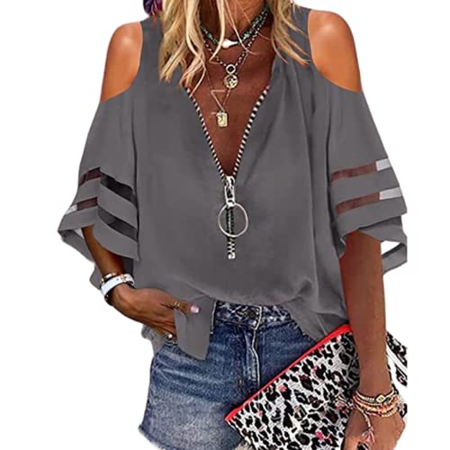 Frauen Sommer Kalte Schulter V-Ausschnitt Reißverschluss Mesh Panel 3/4 Glockenärmel Loses Top T-Shirt Frauen Lässige Spitze Halbe Ärmel Aushöhlen Bluse Tops Ausgestelltes Ärmel Mesh Panel Shirt von OHXSM