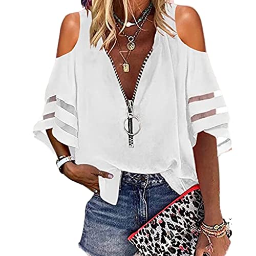 Frauen Sommer Kalte Schulter V-Ausschnitt Reißverschluss Mesh Panel 3/4 Glockenärmel Loses Top T-Shirt Frauen Lässige Spitze Halbe Ärmel Aushöhlen Bluse Tops Ausgestelltes Ärmel Mesh Panel Shirt von OHXSM