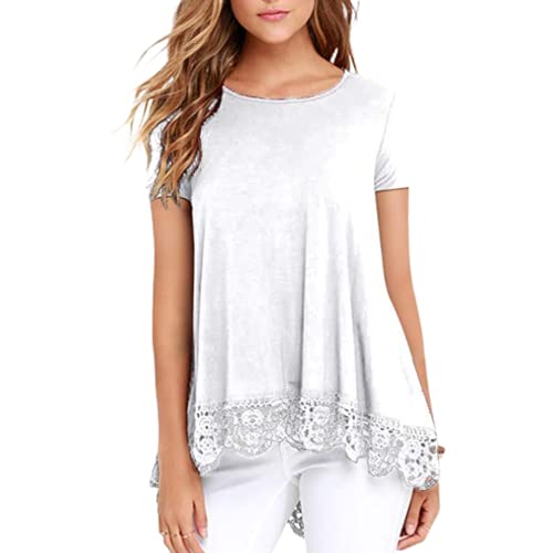 Kurzarm-T-Shirt für Damen lässig Sommer Spitze T-Shirt Oberteile für Damen neu Damen Spitze Kurzarm Damen-T-Shirt Tunika Party-Top Übergröße einfarbig Rundhalsausschnitt Kurzarm Spitzen-Panel-T-Shirt von OHXSM