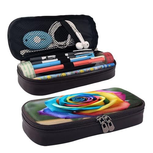 OIBNKCN Ein einzigartiges ästhetisches Federmäppchen mit Regenbogen-Rose, hochwertiges PU-Leder, multifunktionale Aufbewahrung für Stifte, Bleistifte und kleines Zubehör von OIBNKCN