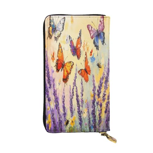 OIBNKCN Lila Lavendel und Schmetterling, Premium-Ledergeldbörse mit Metall-Reißverschluss, mehrere Kartenfächer, Bargeldfächer, ideales Geschenk für Sie oder Ihn von OIBNKCN