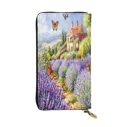 OIBNKCN Romantische Lavendel-Manor-Premium-Ledergeldbörse mit Metall-Reißverschluss, mehrere Kartenfächer, Bargeldfächer, ideales Geschenk für Sie oder Ihn von OIBNKCN