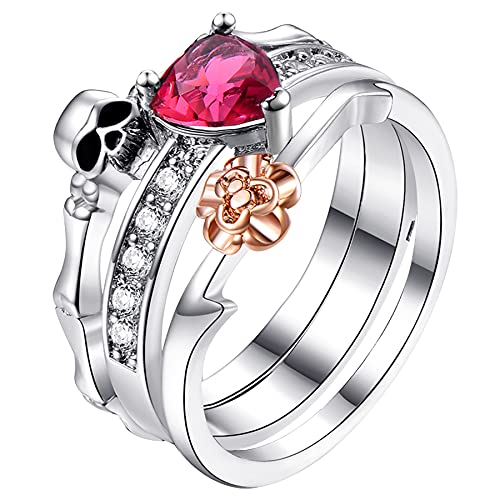 OIDEA Damen Ring Silber Schädel: Damenring aus Edelstahl mit Totenkopf-Herz-Zirkon Kreativ Geschenk für Frauen Mädchen Größe 62 (19.7) von OIDEA