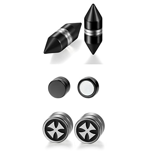 OIDEA Herren Damen 3 Paare Magnet Ohr Clip Ohrklemme Ohrstecker schwarz, Edelstahl Patrone Non-Piercing Fake Ohrringe Set Huggie Piercing Ohr Stecker von OIDEA