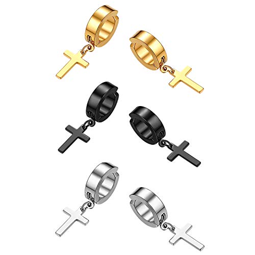 OIDEA Unisex Ohrringe Creolen mit Kreuz: 3 Paare Herren Damen Creolen Set mit Ohrhänger Kreuz Punk Rock Ohrstecker aus Edelstahl Schwarz Silber Gold Geschenk für Männer Frauen Junge Mädchen von OIDEA