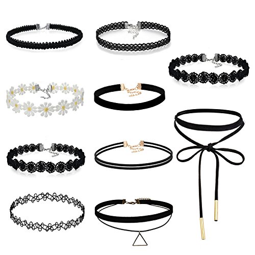 OIDEA 10 Stück Choker Halskette Set Stretch samtleder Klassische gotische Tattoo Spitze Choker für Frauen Mädchen Damen, Schwarz Weiss von OIDEA
