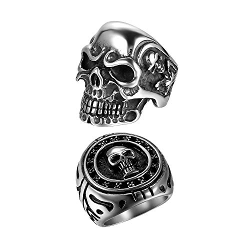 2 Stück Edelstahl Ring für Männer Jungen Skull Biker Ringe, Silber schwarz Retro Charm Punk Rock Schädel Herrenring Edelstahlring Bandring Ringgrößen 57 (18.1) von OIDEA