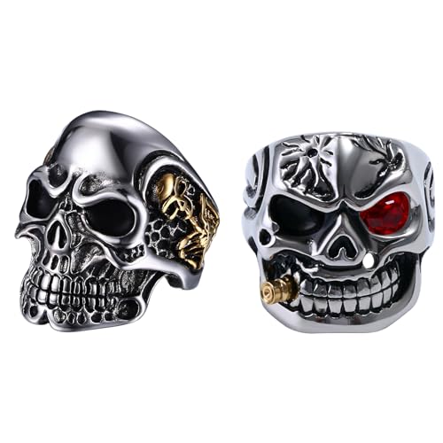 OIDEA Herren Ring Schädel Totenkopf: 2 Stück Herrenring Rot mit Skull Persönlichkeit aus Edelstahl Gotik Punk Rock Siegelring Geburtstag Geschenk für Männer Junge Vater Freund Größe 54 von OIDEA