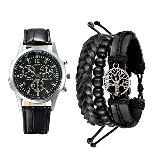 OIDEA 2pcs Herrenuhr Armband Set: Herren Analog Quarz Uhr mit Leder Armband & Lebensbaum Holzperlen geflochten Lederarmband Geschenk für Männer Junge von OIDEA