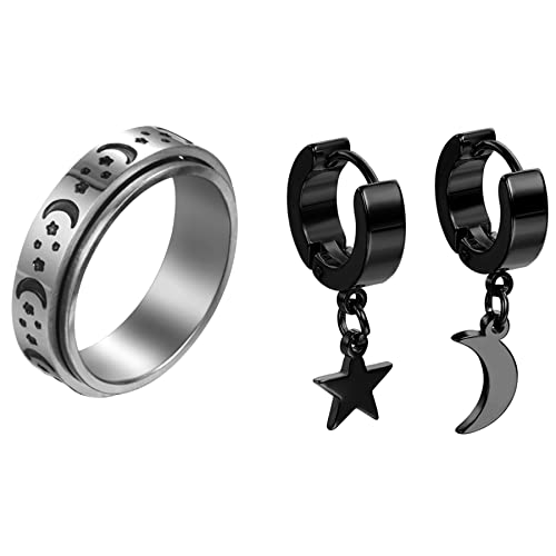 OIDEA Herren Spinner Ring Ohrringe: 1 Paar Creolen mit Mond Sterne Ohrhänger Schmuck Set Geschenk für Freund Junge Männer Ringgröße 60 (19.1) von OIDEA