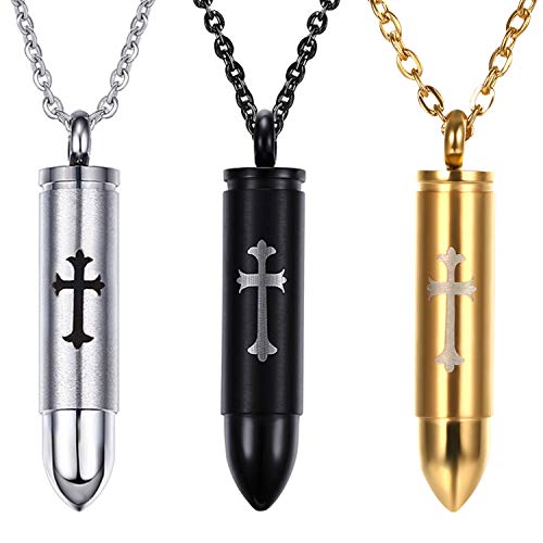 OIDEA 3PCS Kreuz Patronenhülse Halskette, Anhänger mit Versteck Geheimfach, Silber Schwarz und Gold von OIDEA