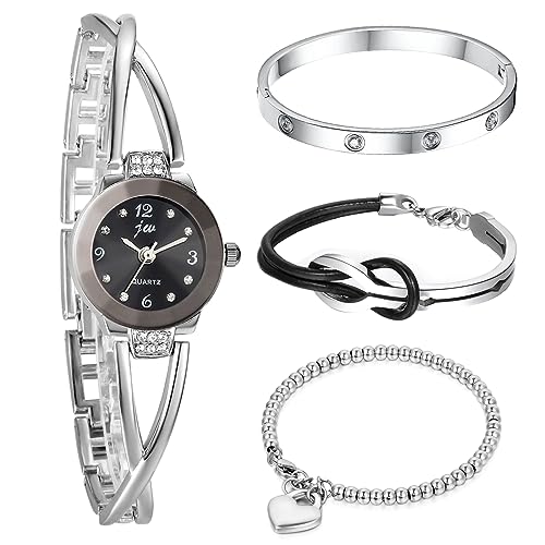 OIDEA 4pcs Damenuhr Armreif Set: Damen Analog Quarz Uhr Metallarmband Strass Zahlen Zifferblatt Silber mit Infinity Leder Edelstahl Armband Herz Perlenarmband Zirkonia Geschenk für Frauen von OIDEA
