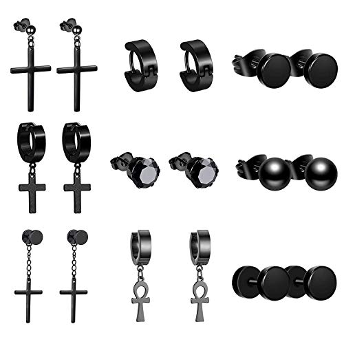 OIDEA Unisex Ohrringe Kreuz Schwarz: 9 Paare Herren Damen Creolen mit Ankh Kreuz Ohrhänger Ohrschmuck Set aus Edelstahl Ohrstecker mit Zirkonia Geschenk für Männer Frauen von OIDEA