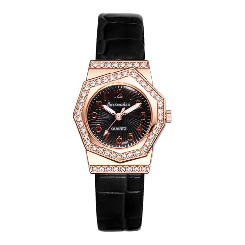 OIDEA Achteckige elastische Damenuhr: Unregelmäßige Uhr mit Lederarmbändern in Strass-Optik - Alltagskleidung, Schwarz von OIDEA
