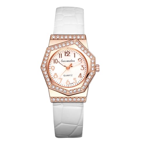 OIDEA Achteckige elastische Damenuhr: Unregelmäßige Uhr mit Lederarmbändern in Strass-Optik - Alltagskleidung, weiß von OIDEA