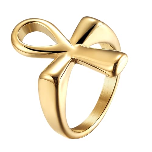 OIDEA Ankh Ring aus Edelstahl Gold: Vintage Ankh Kreuz Ringe Herren Damen Ägyptisch Fingerring Religiöses Partnerring Retro Freundschaftsring Schmuck Geschenk für Männer Frauen Größe 57 von OIDEA