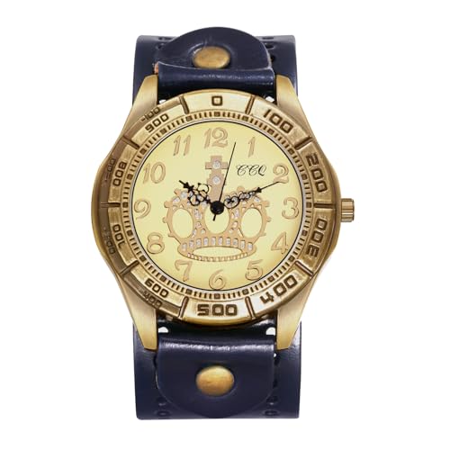 OIDEA Armbanduhr aus echt Leder Vintage: Unisex Blau Leder Band mit Krone Arabischen Zifferblatt Quarz Analog Retro Uhr Geschenk für Damen Herren von OIDEA