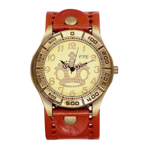 OIDEA Armbanduhr aus echt Leder Vintage: Unisex Orange Leder Band mit Krone Arabischen Zifferblatt Quarz Analog Retro Uhr Geschenk für Damen Herren von OIDEA