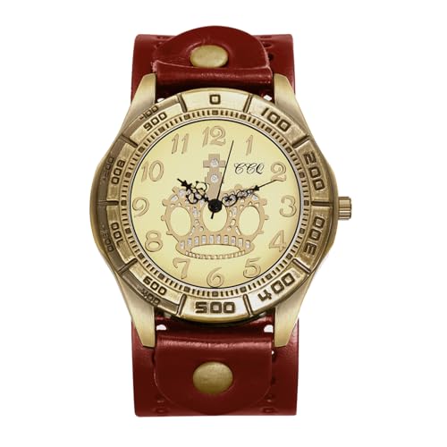 OIDEA Armbanduhr aus echt Leder Vintage: Unisex Rot Leder Band mit Krone Arabischen Zifferblatt Quarz Analog Retro Uhr Geschenk für Damen Herren von OIDEA