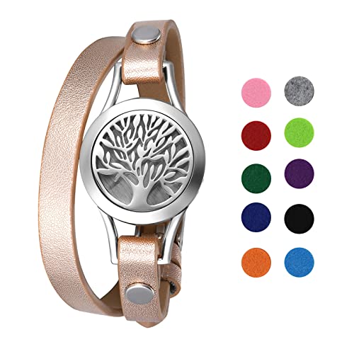 OIDEA Damen Armband Leder Aromatherapie: Rosegold Lederarmband aus Edelstahl Lebensbaum Doppel-Lap mit 10 Filz-Pads Armreif Handgelenk Schmuck Geschenk für Frauen Mädchen von OIDEA