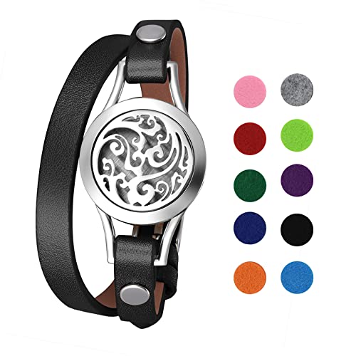 OIDEA Damen Armband Leder Aromatherapie: Schwarz Lederarmband aus Edelstahl Sonnenblume Doppel-Lap mit 10 Filz-Pads Armreif Handgelenk Schmuck Geschenk für Frauen Mädchen von OIDEA