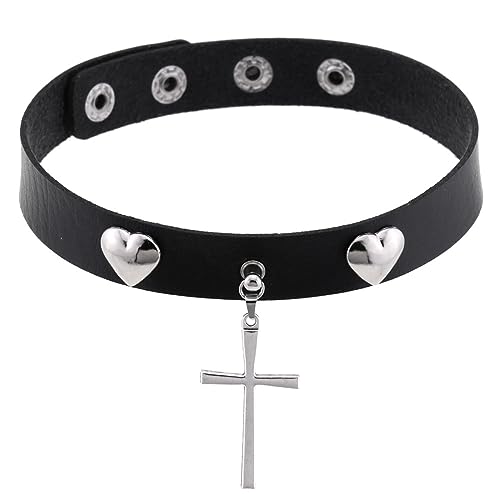 OIDEA Damen Choker Leder Halsband: Gotik Schwarz Herz Lederhalsband mit Kreuz Anhänger Halsschmuck Kostüm Party Alltag für Frauen Mädchen von OIDEA