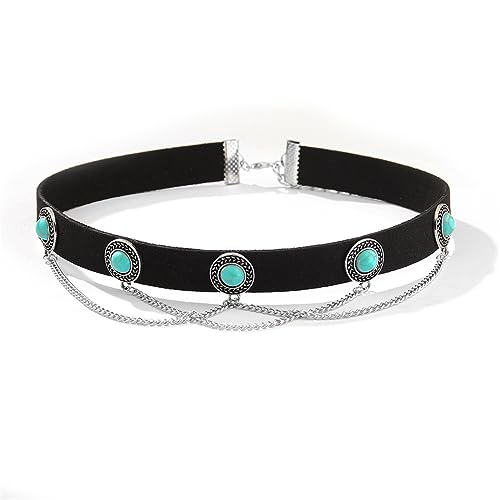 OIDEA Choker Kette Boho Halsband Damen mit Türkis Strass & Quaste, Schwarz Halskette Choker aus Samt Schmal Boho Retro Stil, Halloween Halsschmuck Geschenk von OIDEA