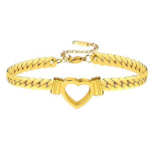 OIDEA Damen Armband Herz Panzerkette: Gold Armkette aus Edelstahl Glieder Cuban Link Armschmuck Armreif mit Karabiner Verschluss für Frauen als Geschenk in Weihnachten von OIDEA
