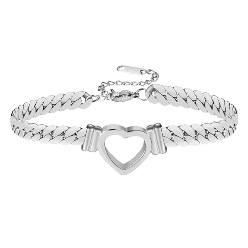 OIDEA Damen Armband Herz Panzerkette: Silber Armkette aus Edelstahl Glieder Cuban Link Armschmuck Armreif mit Karabiner Verschluss für Frauen als Geschenk in Weihnachten von OIDEA