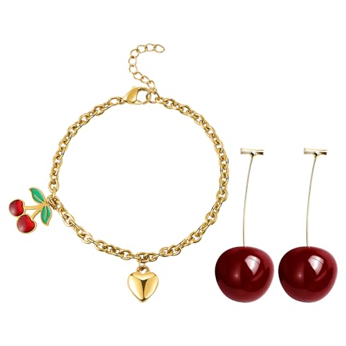OIDEA Damen Armband Ohrringe Set: Kirsche Ohrhänger aus Harz mit Goldener Armkette Herrzanhänger aus Edelstahl Süß Schmuck Geschenk für Mädchen Freundin Tochter von OIDEA