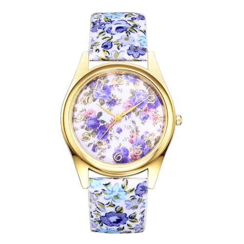 OIDEA Damen Armbanduhr Boho Leder: Blau Lederband Quarz Analog Damenuhr mit Großer Arabischen Blumenmuster Zifferblatt Geschenk für Frauen Mutter Freundin von OIDEA