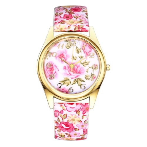 OIDEA Damen Armbanduhr Boho Leder: Rosa Lederband Quarz Analog Damenuhr mit Großer Arabischen Blumenmuster Zifferblatt Geschenk für Frauen Mutter Freundin von OIDEA
