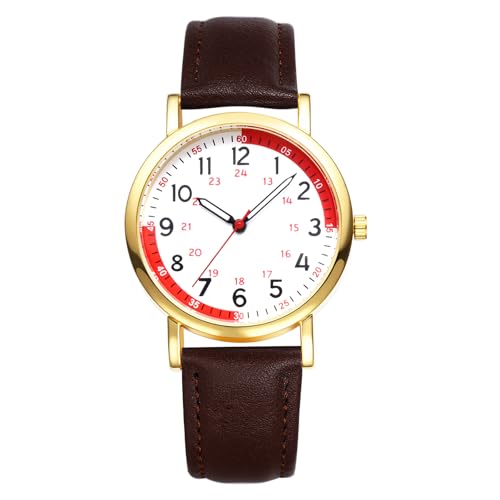 OIDEA Damen Armbanduhr Echtleder mit Pulsberechnung: 12/24H Braun Leder Armband Retro Analog Quarz mit Gold Arabischer Zifferblatt Pulsuhr Krankenschwester Uhr mit Pulsmesser Geschenk für Frauen von OIDEA