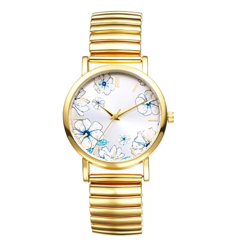 OIDEA Damen Armbanduhr Elastisch Gold: Blau Blumen Quarz Analog Damenuhr mit Strichskala Zifferblatt Edelstahl Band Elegant Geschenk für Frauen Mutter Familie Freundin von OIDEA