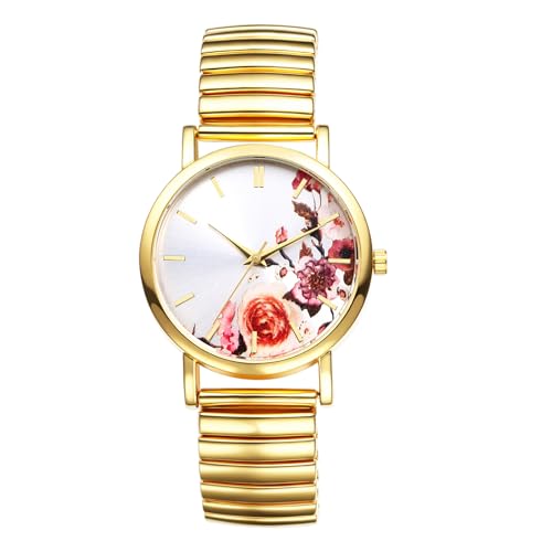 OIDEA Damen Armbanduhr Elastisch Gold: Blumen Muster Quarz Analog Damenuhr mit Strichskala Zifferblatt Edelstahl Band Elegant Geschenk für Frauen Mutter Familie Freundin von OIDEA