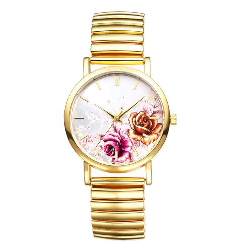 OIDEA Damen Armbanduhr Elastisch Gold: Rot Blumenmuster Quarz Analog Damenuhr mit Strichskala Zifferblatt Edelstahl Band Elegant Geschenk für Frauen Mutter Familie Freundin von OIDEA
